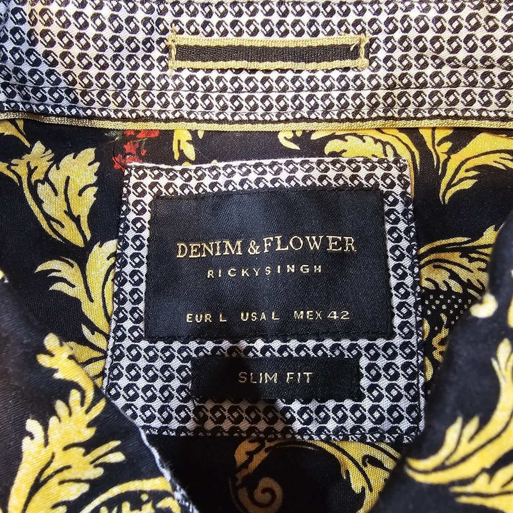 Denim & Flower Ricky Singh Shirt Mens Large Slim Fit Black Gold Floral Paisley - Picture 2 of 8